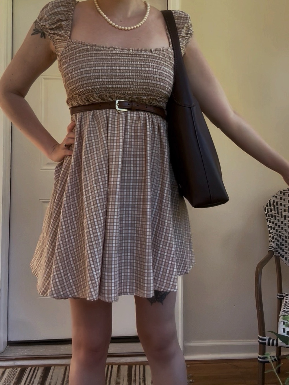 Smocked Square-Neck Brown Plaid Mini Babydoll Dress